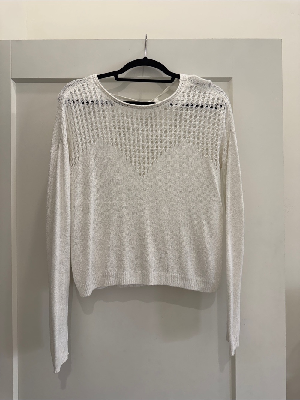 White Knit Long Sleeve Sweater with Open Weave Yoke